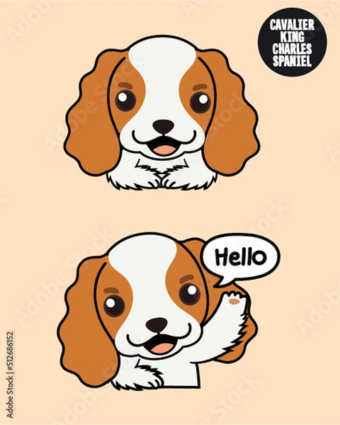 Fototapeta White-brown Cavalier King Charles Spaniel puppy dog with a smile and hello action. 2D cute cartoon character design in flat style.