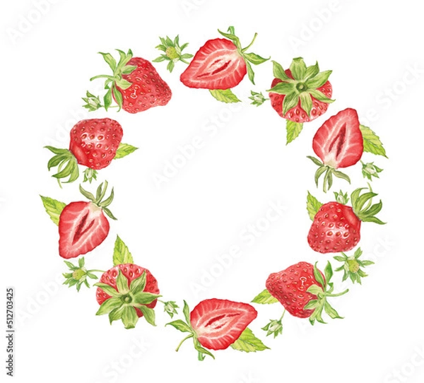 Obraz Watercolor strawberry wreath, summer round frame with berries