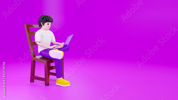 Obraz 3d male cartoon character illustration sitting on a wooden chair while working using a laptop 3d rendering