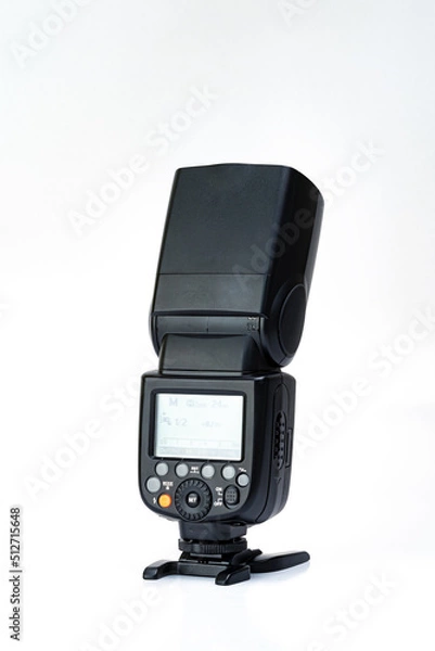 Obraz camera flash speedlight isolated on white background back view