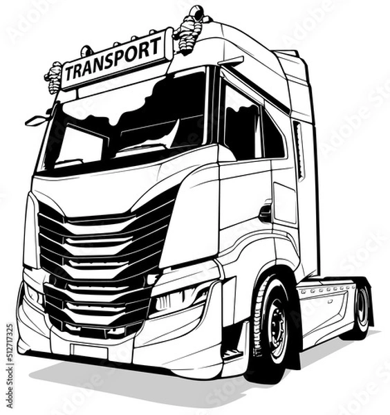 Fototapeta Drawing of a European Truck from the Front View - Black  Illustration Isolated on White Background, Vector