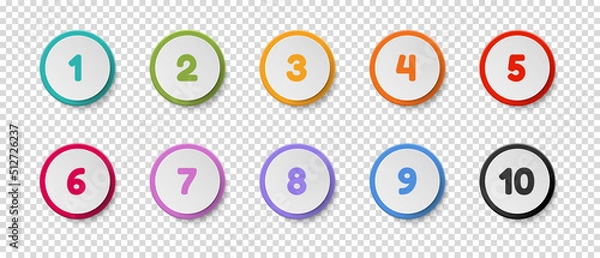 Fototapeta Colorful Round Number Button Set From 1 To 10 - Vector Illustrations Isolated On Transparent Background