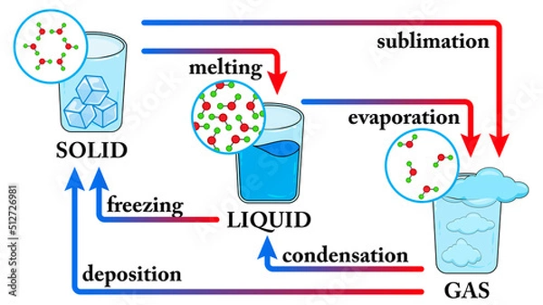 Fototapeta Water States of matter Phase.  Change of State for Water Diagram. Changing the state of matter from solid, liquid and gas due to temperature