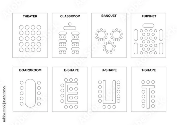 Obraz A set of schemes for arranging seats. The chairs and the tables in meeting rooms, conference halls and other places.
