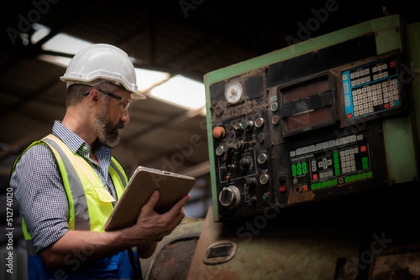 Obraz Caucasian male engineer or technician in safety uniform Working and checking the maintenance information online data of the machine in the tablet
