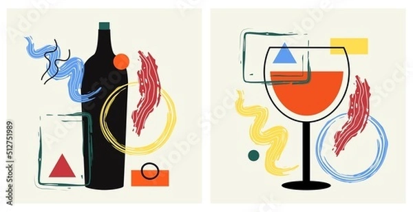 Fototapeta Vector illustration set with wine bottle, glass and abstract elements, geometric design. Colored poster, apparel print collection
