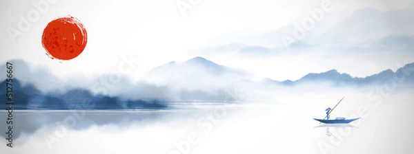 Obraz Ink painting of morning landscape with big red sun, misty mountains and fisherman in a boat. Traditional oriental ink painting sumi-e, u-sin, go-hua.