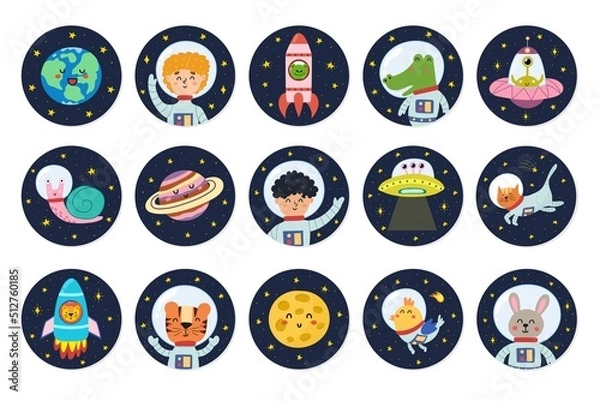 Fototapeta Stickers collection with cute space characters. Space badges with kids astronauts, animals, planets and aliens. Funny round labels set for kids design. Vector illustration