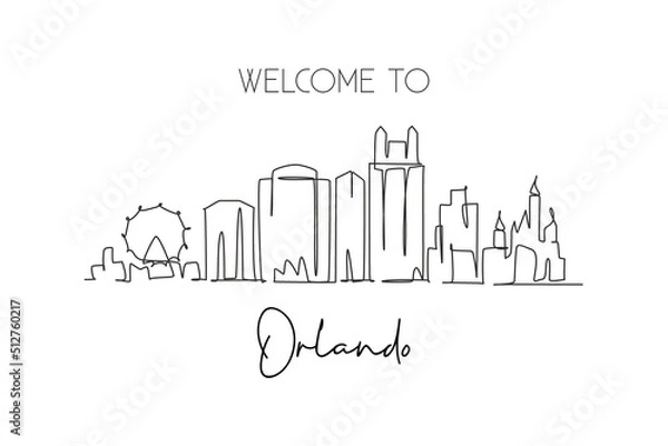 Obraz One continuous line drawing of Orlando city skyline, Florida. Beautiful landmark. World landscape tourism travel home wall decor poster print. Stylish single line draw design vector illustration