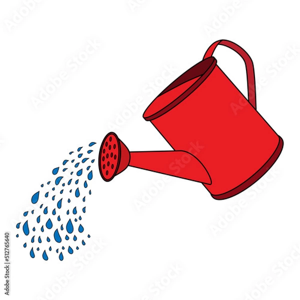 Fototapeta Cartoon Watering Can sprays water drops. Red Garden Water can. Drops of water falling from a watering can. Irrigation symbol. Education card for kids learning garden inventory. Tools for the garden.