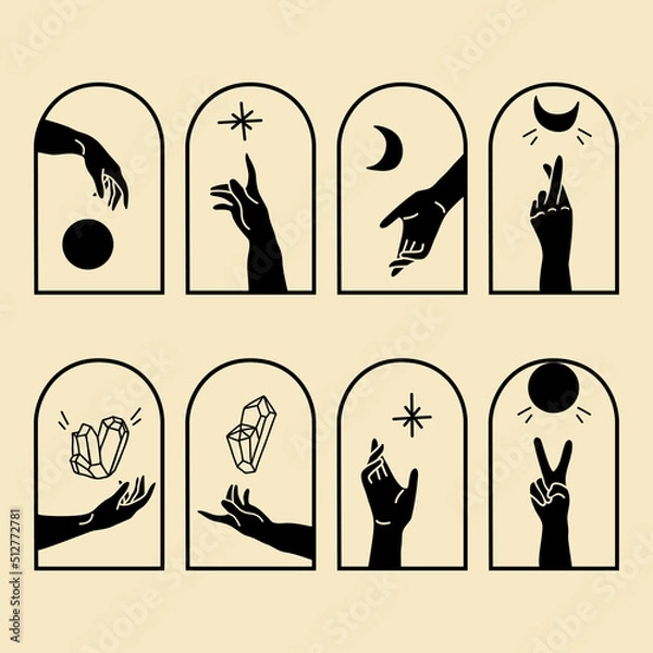 Fototapeta Abstract simple set of magic arch window, hand reaching for sun moon star or shining healing crystal. Scandinavian boho templates. Minimalistic esoteric posters room decor vector illustration