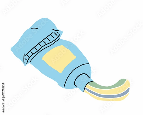 Fototapeta Vector illustration of cartoon doodle blue toothpaste isolated on white background. Hand drawn design. Object of medicine dental hygiene. Wash teeth element. Medical tube with paste for oral healthy.