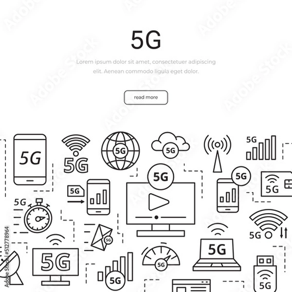 Fototapeta Set of linear 5G technology elements. New mobile network, high speed connection. Minimalist vector infographic. Illustration for banner.