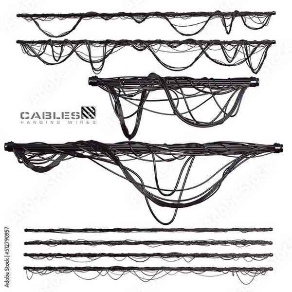 Fototapeta 3D render of  black cables and hanging wires illustration set 2