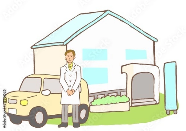 Obraz 訪問診療クリニックと男性の往診医のイラスト