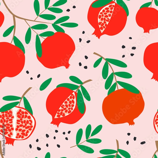 Fototapeta Ripe red pomegranates on a branch with green leaves. Seamless pattern with pink background for fashion textiles. 