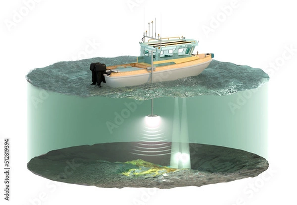 Fototapeta Scheme of a speedboat for measuring depth with a water section and bottom relief. Bathymetry. Isolated on white. 3d-rendering