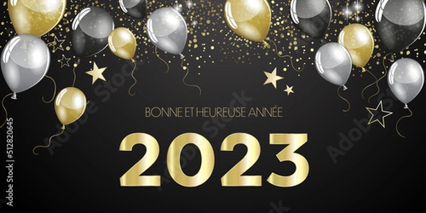 Fototapeta French Happy New Year 2023 - Black and gold  balloons design with stars and confetti greeting card banner
