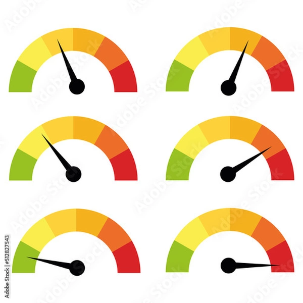 Fototapeta Collection of speedometer, tachometer, indicator icons. Performance measurement. White background. Vector illustration. EPS 10