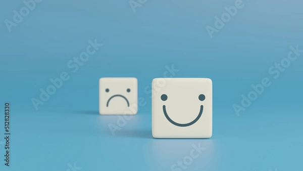 Fototapeta Smiley face and blurred sad face icon on cube, Service rating, Positive satisfaction concept, Positive mindset, 3D rendering 