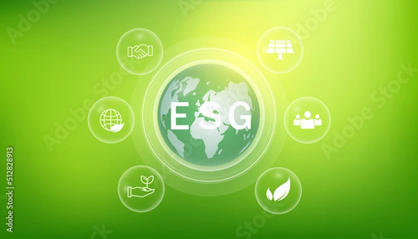 Fototapeta ESG icon. concept of business trend. environmental, social, and governance in sustainable and ethical business on the Network connection. with globe
on a green background.