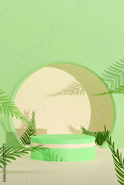 Fototapeta 3D render doorway with white podium and tree in green background texture 