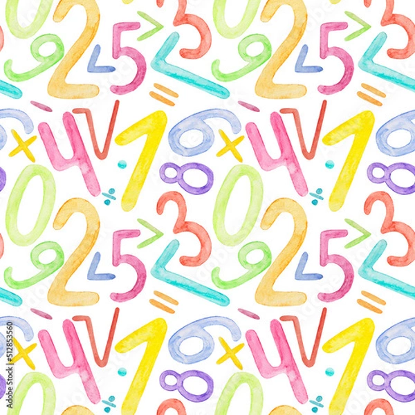 Fototapeta Watercolor pattern with numbers and math symbols. Colorful childish pattern on white background.
