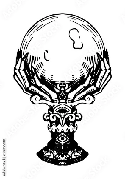 Obraz Gothic magic crystal ball ink sketch isolated on white. Occult, fortune telling, witchcraft, esoteric item. Halloween hand drawn vector illustration in retro style.