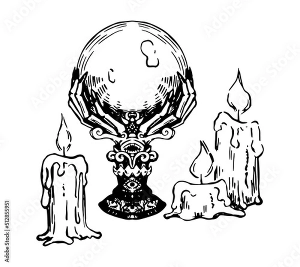 Fototapeta Antique magic crystal ball and candles. Occult, fortune telling, witchcraft, esoteric items sketch. Halloween hand drawn vector illustration in retro style isolated on white.
