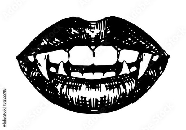 Fototapeta Vampire mouth, open lips, long teeth. Beautiful female lips and sharp fangs. Halloween hand drawn vector illustration in retro style. Dark theme ink sketch isolated on white.