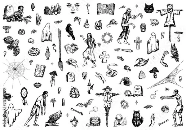 Obraz Halloween collection. Zombies, witchcraft, spooky animals, ghosts, occult items. Hand drawn vector illustration in retro style. Scary sketches bundle isolated on white.
