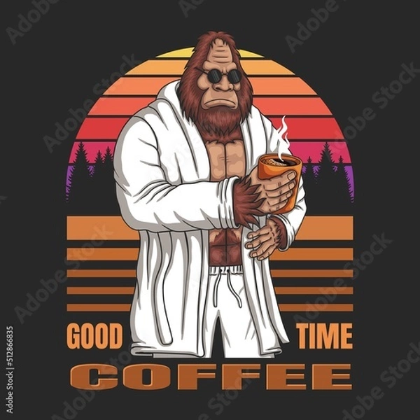 Obraz Bigfoot wearing a bath robe and relaxing drink coffee vector illustration