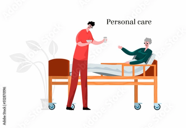 Fototapeta Vector simple flat isolated illustration with an elderly care service. It depicts young employee in nursing home who brings food to recumbent elderly disabled person. Concept of Personal, Health Care.