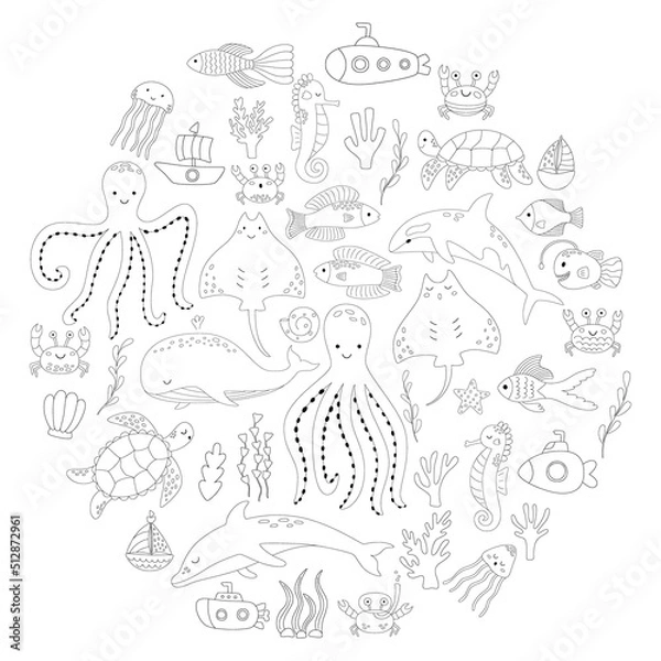 Fototapeta Set of doodles of animals and plants of the underwater world for coloring. Vector illustration of corals and boats. Collection of sea fish in outline