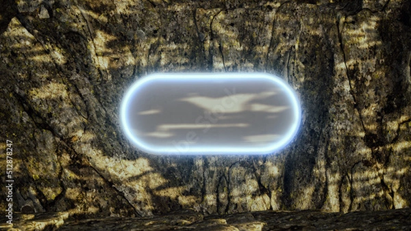 Obraz Futuristic pedestal or platform for display.3d rendering. Abstract empty stage with glow light in rock or stone scene with trobical shadow. Neon podium in 3d desart scene for showcase and proudact.