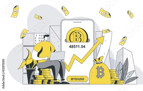 Fototapeta Cryptocurrency investment concept with outline people scene. Man buys bitcoins and increases income, digital money and success crypto business. Illustration in flat line design for web template