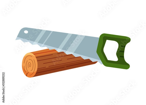 Obraz Hand saw sawing a tree. Cutting wood and logging wood industry concept. Isolated vector illustration in flat cartoon style.