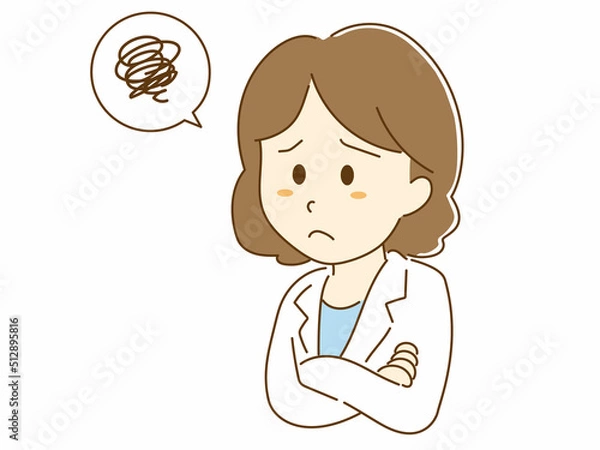 Obraz 困った表情の白衣を着た女性のイラスト