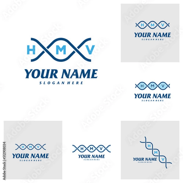 Fototapeta Set of Letter HMV with dna Logo Design Template. Initial HMV logo concept vector. Emblem, Creative Symbol, Icon