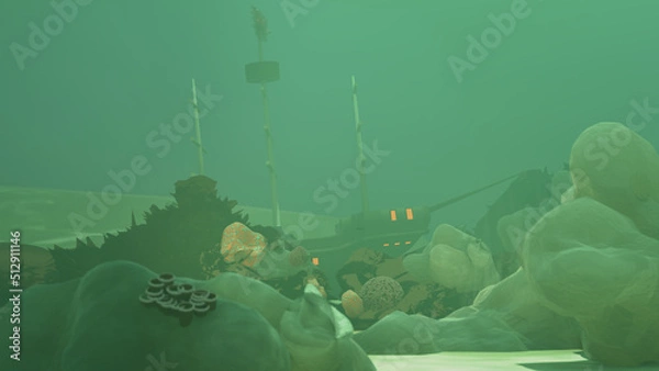 Obraz Creepy Sunken Ship with Coral 3D Illustration Graphic Model