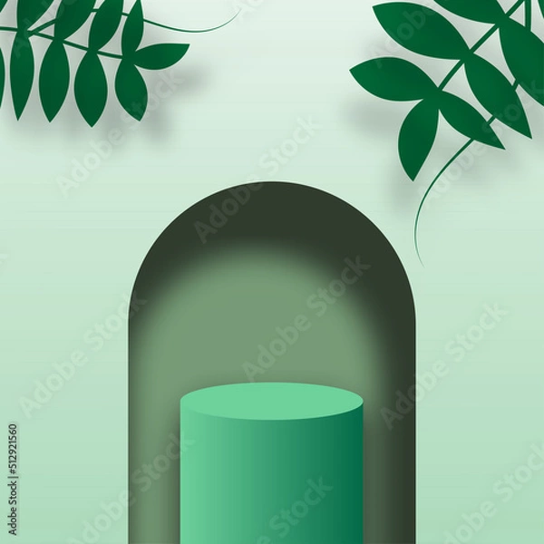 Fototapeta Abstract Background Podium with Leaves. Green Template with Frame and  Stand Design for Product Display