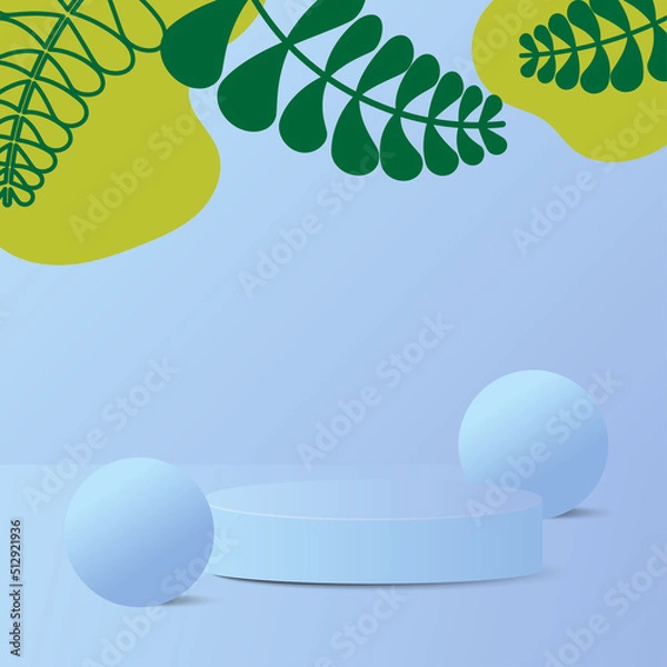Fototapeta Modern Stage for display product. Pastel Blue Abstract Background with podium and leaves