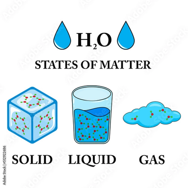 Fototapeta Vector illustration of the three states of matter, matter in different states. Scientific illustration of solid, liquid, gas states with different molecular arrangements isolated on white background.