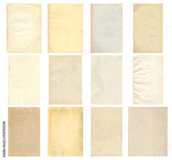 Fototapeta Paper and textile textures set. Blank old pages with rough faded surface. Perfect for background and vintage style design. Empty place for text.