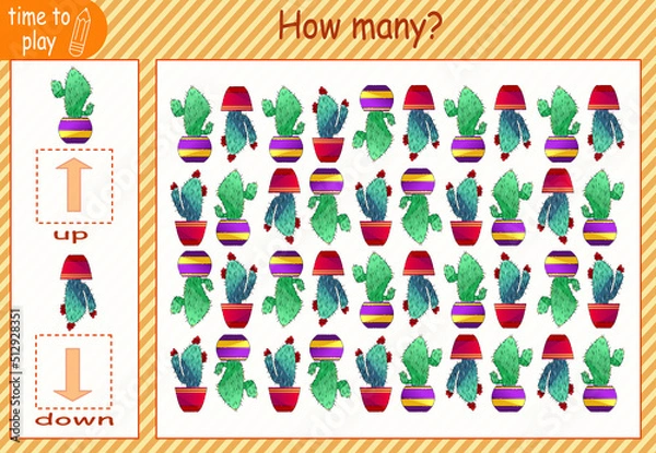 Fototapeta 
children's educational game. a game of logic. how many pictures look up and how many down. cactus. plant. greenery. flower.