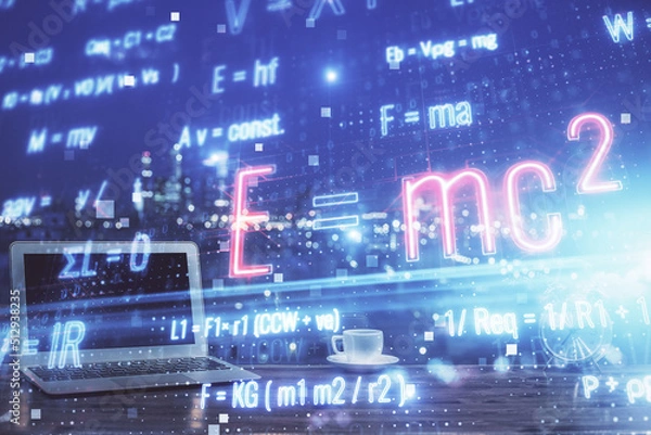 Obraz Desktop computer background and formula hologram writing. Double exposure. Education concept.