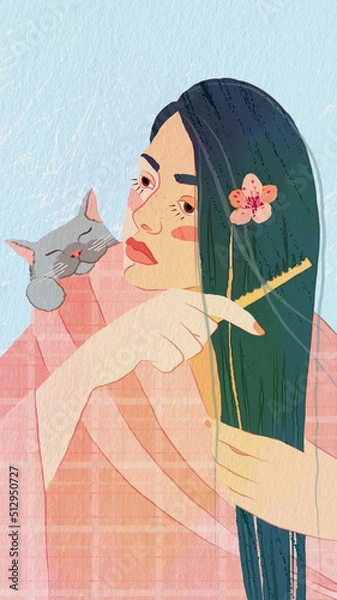 Obraz An author's illustration depicting a girl with blue hair who combs her hair with a cute kitten. The use of texture and watercolor effect.