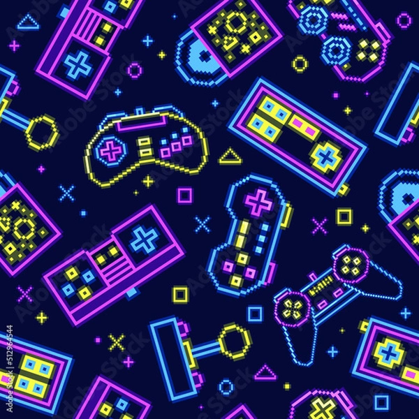 Obraz Vector pixelated seamless pattern of gamepads. Neon.