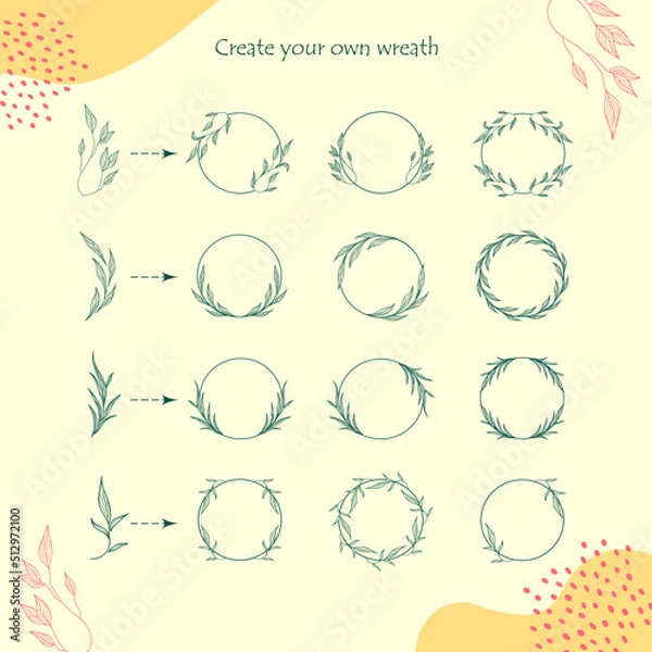 Fototapeta Wreath creation kit. Set of the hand-drawn botanical wreaths. Wedding flourish laurel wreaths for invitation card.	
