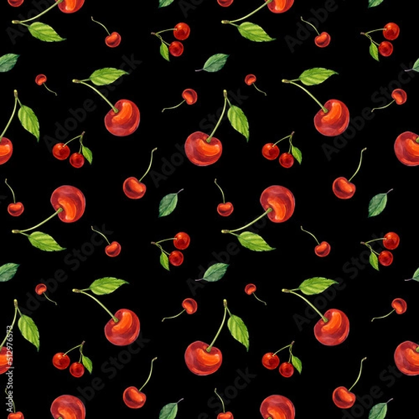 Obraz Red cherry. Seamless pattern. Cherry on a black background. Watercolor illustration. For fabric or packaging design.